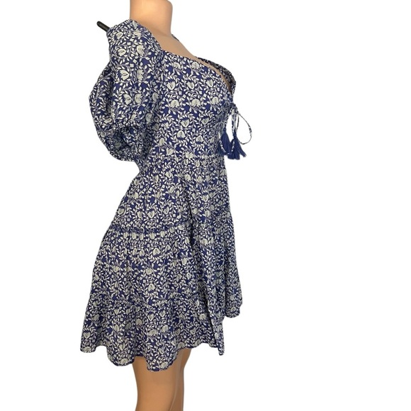 3/$30 🍂Zara Women Blue Floral A-Line Mini Dress Short Puff Sleeve Tassels Tiered - Picture 6 of 10